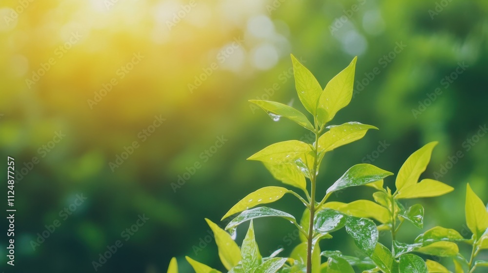 Obraz premium Fresh Green Leaves with Water Droplets in Soft Morning Light Background