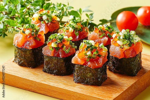 Delicious sushi rolls garnished with fresh herbs on a wooden platter. photo