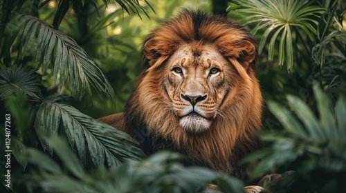 Majestic male lion portrait with golden mane framed by tropical palm leaves. Regal expression and piercing gaze showcase the powerful beauty of this iconic predator photo