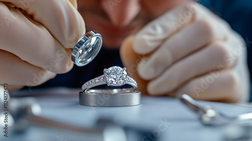Expert Jeweler Inspects a Diamond Engagement Ring Using a Loupe in a Workshop Setting During Daylight Hours
