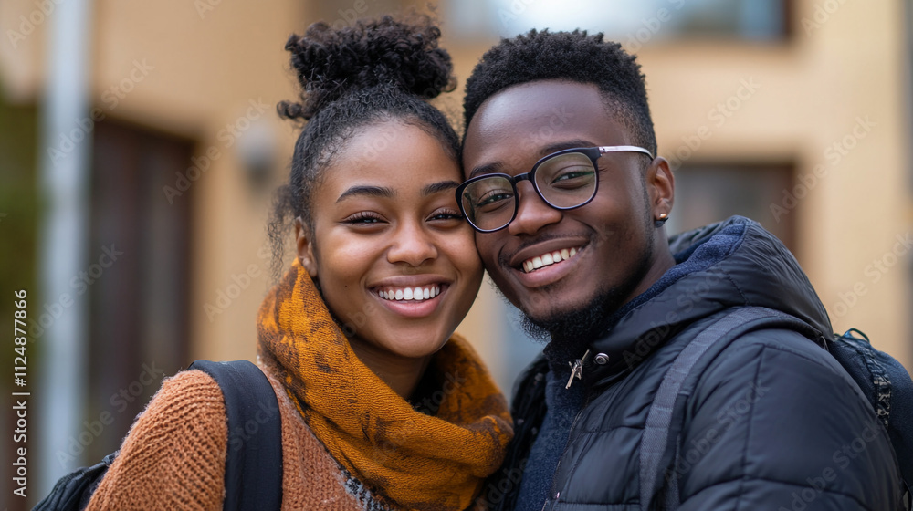 Joyful young couple smiling together outdoors on a sunny day in an urban setting Joyful young couple smiling together outdoors on a sunny day in an urban setting