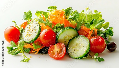 Fresh and vibrant vegetable salad on white isolated background.