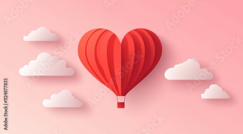 A heart-shaped hot air balloon floating in the sky, surrounded by clouds and a pink background. 