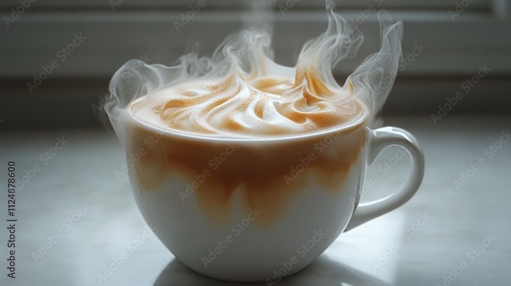 cup coffee beans wooden earthy. A steaming cup of coffee with creamy swirls, exuding warmth and comfort, sits elegantly against a soft background. cup coffee beans wooden earthy. A steaming cup of coffee with creamy swirls, exuding warmth and comfort, sits elegantly against a soft background.