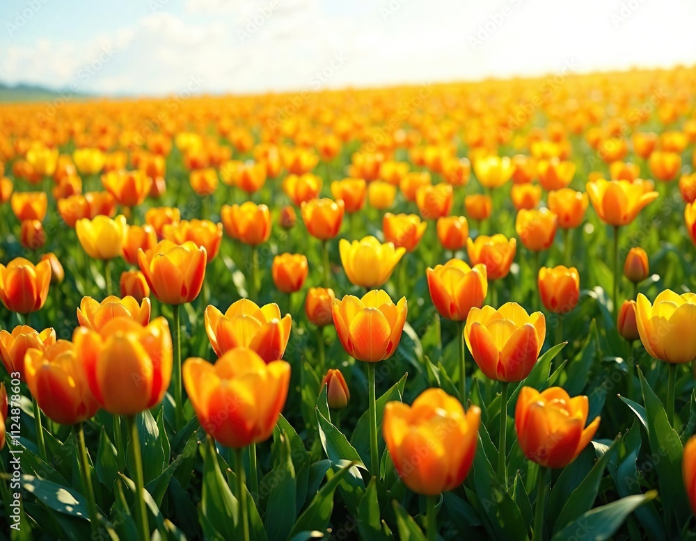 Vibrant orange and yellow tulips in a lush green field, vibrant colors, floral arrangement Vibrant orange and yellow tulips in a lush green field, vibrant colors, floral arrangement