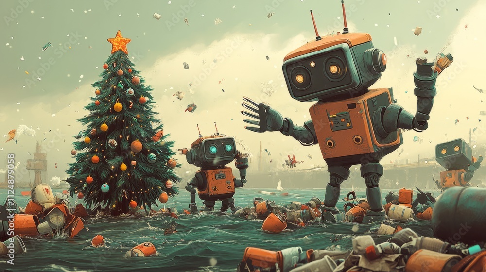 Robots forming a cleaning assembly around a Robots equipped with claws and vacuums rescue Robots diving underwater to free a Christmas Robots forming a cleaning assembly around a Robots equipped with claws and vacuums rescue Robots diving underwater to free a Christmas