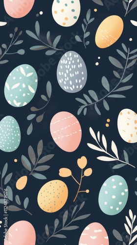 A pattern with pastel-colored Easter eggs and greenery, set against a navy blue background.
