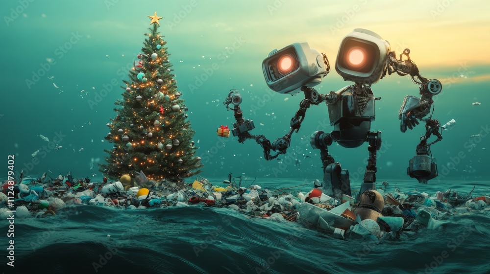 Robots forming a cleaning assembly around a Robots equipped with claws and vacuums rescue Robots diving underwater to free a Christmas Robots forming a cleaning assembly around a Robots equipped with claws and vacuums rescue Robots diving underwater to free a Christmas