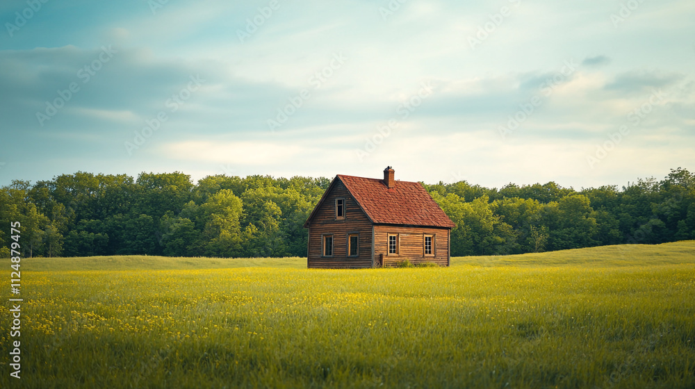 Rustic wooden house surrounded by lush green fields under a serene sky Rustic wooden house surrounded by lush green fields under a serene sky