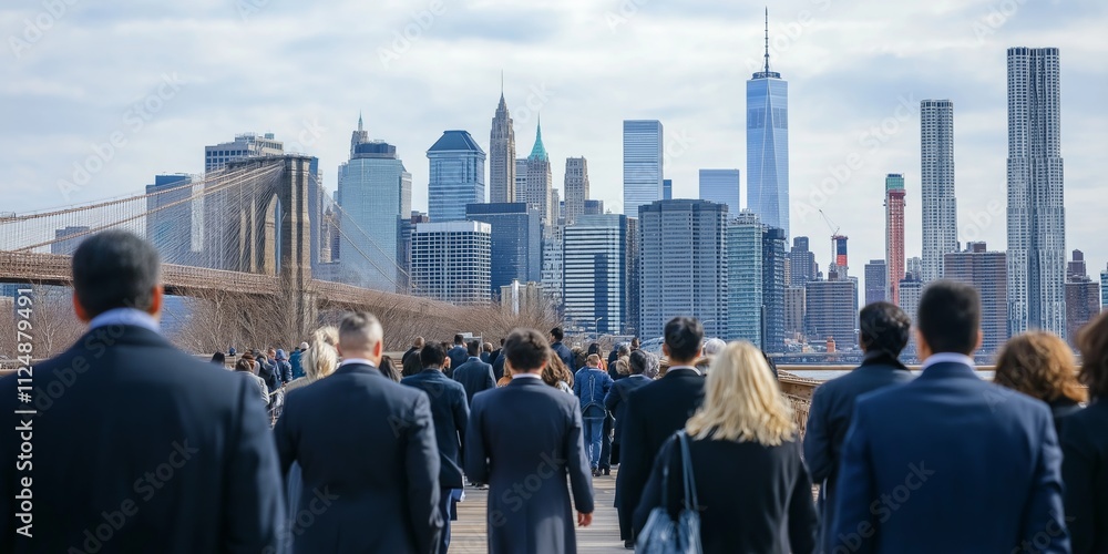 A group of people are walking down a bridge in New York City. The city is bustling with activity and the people are dressed in business attire. Scene is busy and energetic A group of people are walking down a bridge in New York City. The city is bustling with activity and the people are dressed in business attire. Scene is busy and energetic