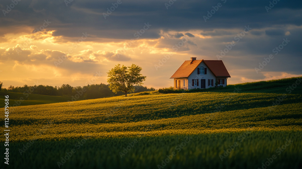 Sunset over a tranquil countryside house surrounded by lush fields Sunset over a tranquil countryside house surrounded by lush fields
