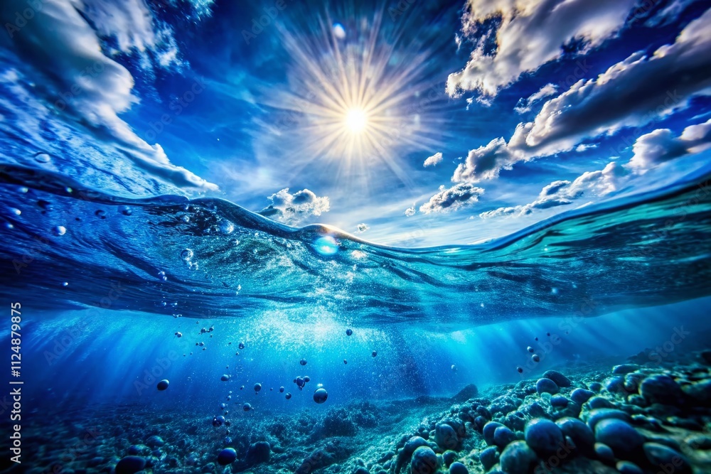 Captivating High Depth of Field Image of Blue Underwater Waves and Bubbles, Showcasing the Serenity and Beauty of Ocean Life in a Crystal Clear Environment Captivating High Depth of Field Image of Blue Underwater Waves and Bubbles, Showcasing the Serenity and Beauty of Ocean Life in a Crystal Clear Environment