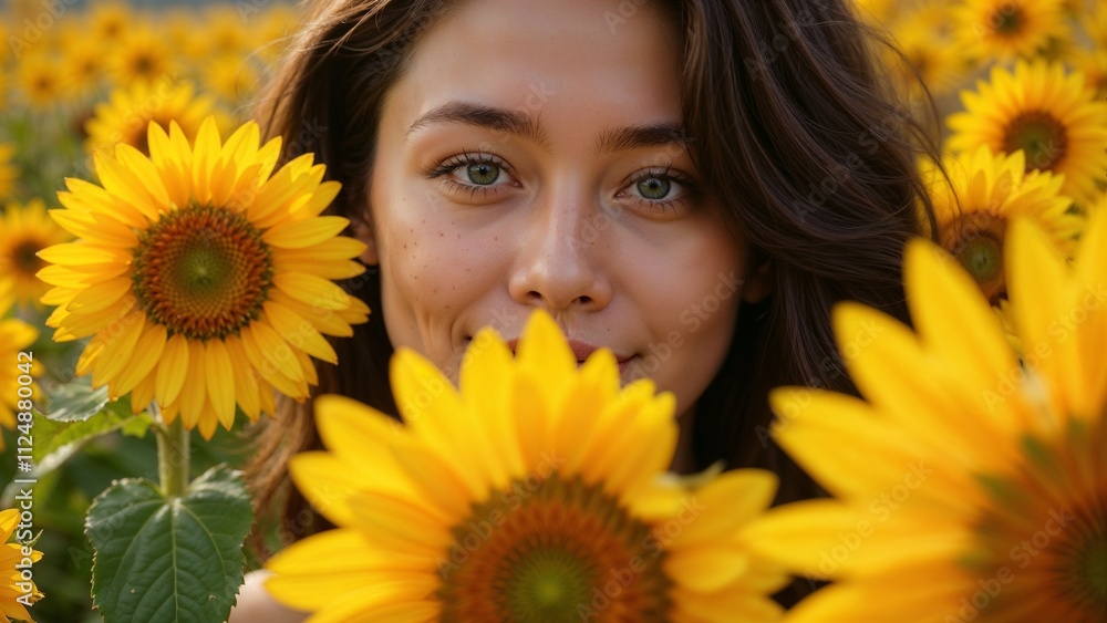 Cheerful woman’s face framed by sunflowers with bright smile in vibrant sunflower field Cheerful woman’s face framed by sunflowers with bright smile in vibrant sunflower field