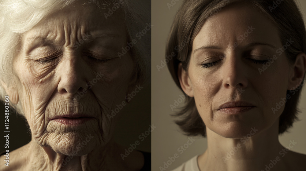 Elderly woman and young woman with peaceful mood closing eyes against dark background Elderly woman and young woman with peaceful mood closing eyes against dark background