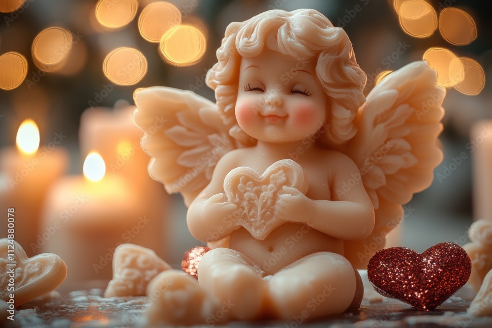 A cherubic figure holding a heart, surrounded by soft candlelight and festive decorations. A cherubic figure holding a heart, surrounded by soft candlelight and festive decorations.