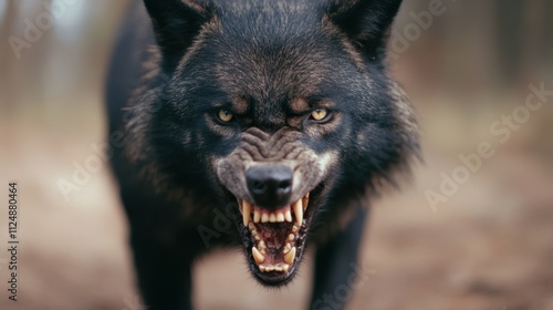 Intense Close-Up of a Fierce Black Wolf Snarling in a Forest Setting