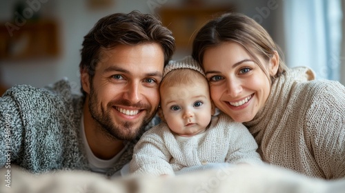 In a serene bedroom, parents share a joyful cuddle with their adorable baby, dressed in cozy sweaters, surrounded by warmth and affection