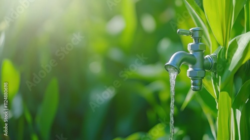Wallpaper Mural Water Faucet Flowing with Fresh Water Surrounded by Green Foliage Torontodigital.ca