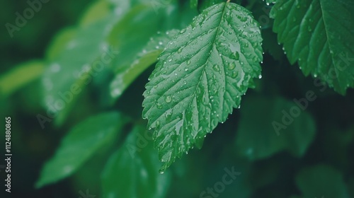 Fresh Green Leaves with Water Droplets on a Rainy Day Close-Up Photography