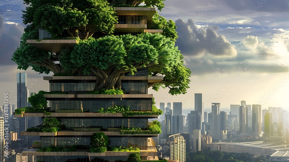 Cityscape with green tree and skyscrapers Cityscape with green tree and skyscrapers