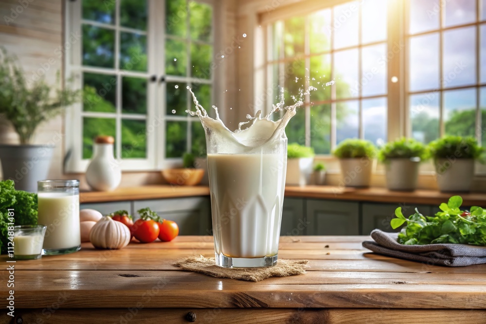 Captivating Imagery of Fresh Milk in a Glass with a Splash, Evoking Purity and Health, Perfectly Placed Using the Rule of Thirds in a Bright Kitchen Setting Captivating Imagery of Fresh Milk in a Glass with a Splash, Evoking Purity and Health, Perfectly Placed Using the Rule of Thirds in a Bright Kitchen Setting