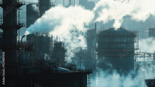 Cooling water towers with white plumes of steam drifting upward, industrial plant structures receding into the background photo