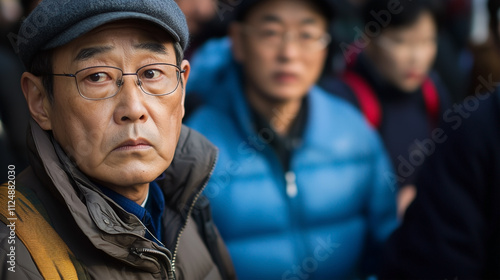 A man with glasses and a hat is standing in a crowd