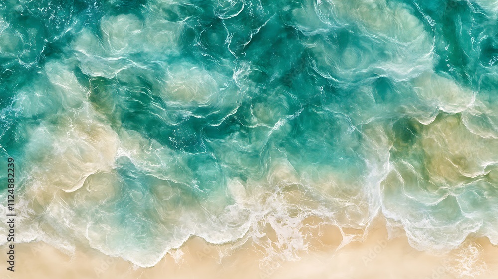 Aerial view of ocean waves meeting sandy beach, showcasing vibrant colors and textures. Aerial view of ocean waves meeting sandy beach, showcasing vibrant colors and textures.