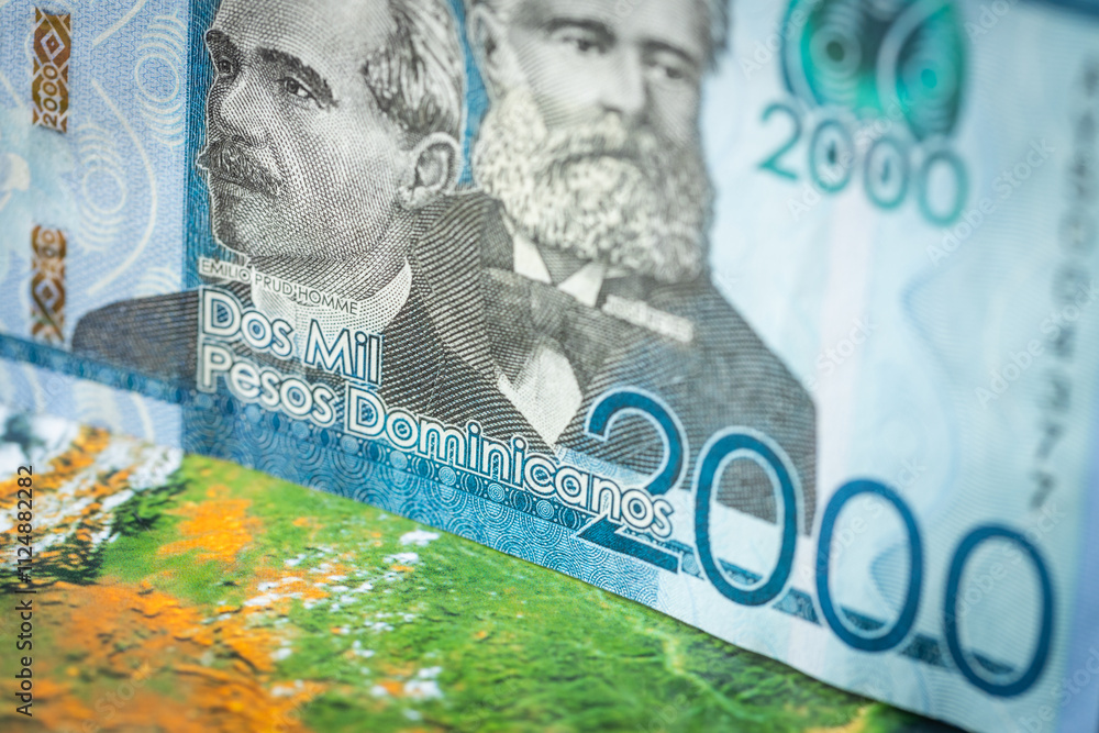 Dominican Republic money, 2000 Dominican pesos banknote against the background of the world, financial market concept