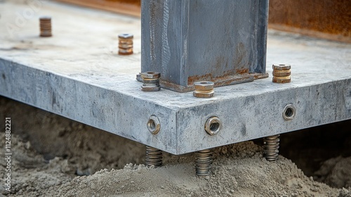 Detail shot of anchor bolts and heavy-duty hardware securing a steel column base to the concrete foundation photo