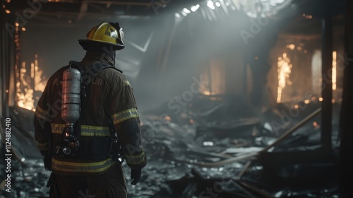 The aftermath of a fire, with a firefighter inspecting the damage and planning recovery efforts,