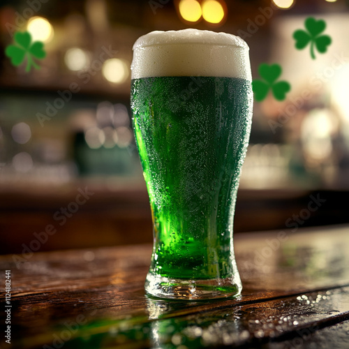 Pint of green beer on wooden bar counter photo