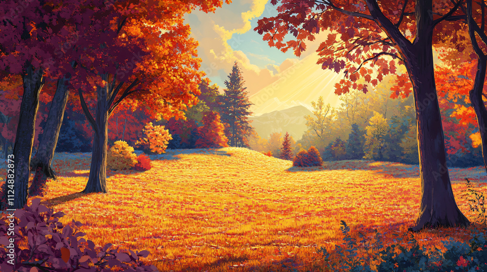 Fototapeta premium Bright morning sun casting warm hues over a lush autumn forest with vibrant leaves