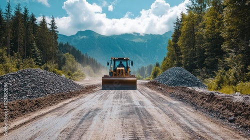 Dusty gravel road upgrade, grader leveling the surface, nearby piles of crushed stone and an engineer checking plans photo