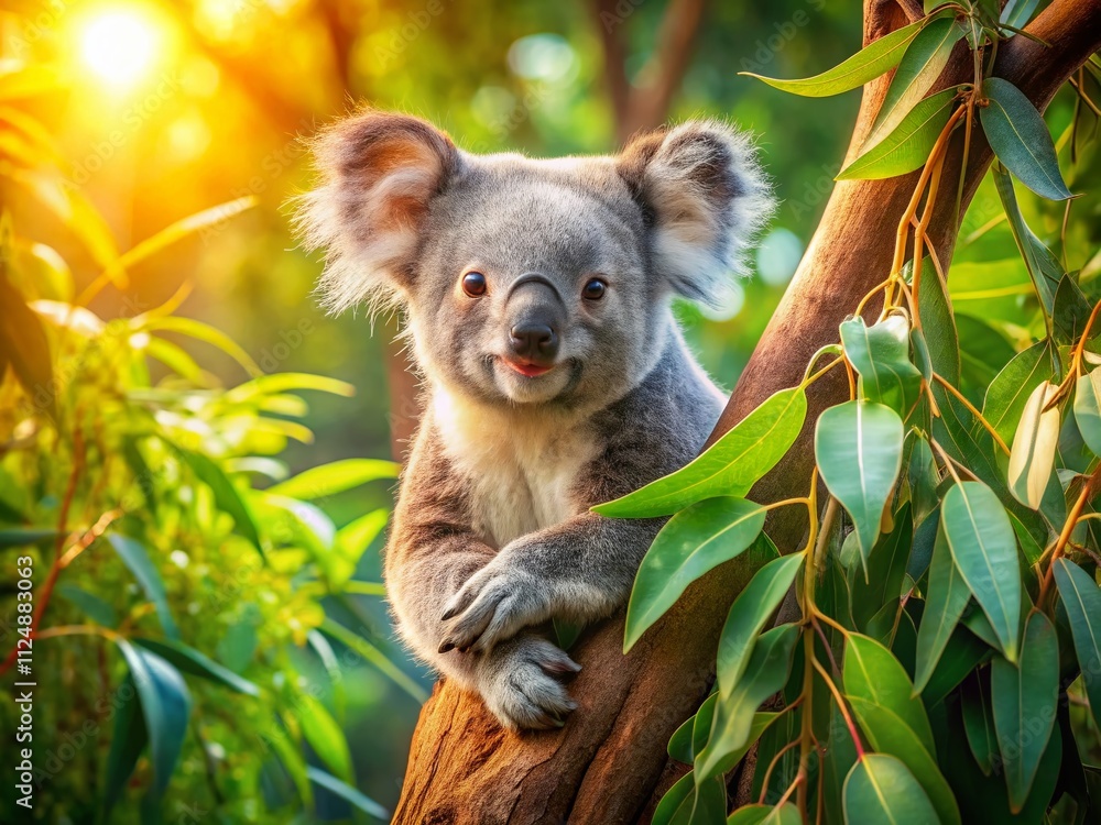 Fototapeta premium Captivating Koala Climbing a Eucalyptus Tree in Natural Habitat with Lush Greenery, Showcasing Wildlife Beauty and Conservation Importance for Nature Lovers and Photography Enthusiasts