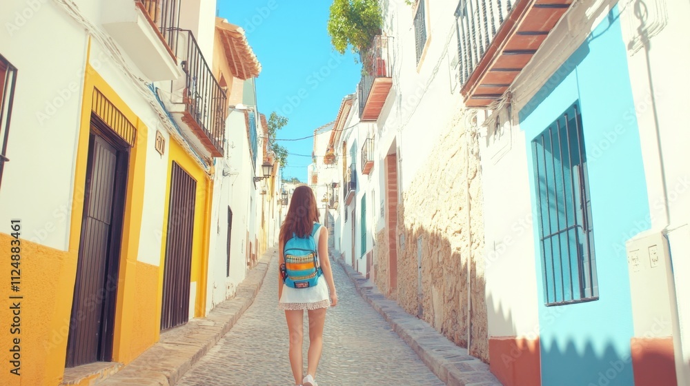 Young Woman Walking Down Charming Cobblestone Street in Colorful Village Young Woman Walking Down Charming Cobblestone Street in Colorful Village