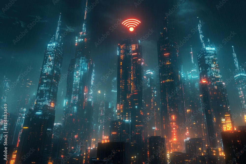 Obraz premium Futuristic Cyberpunk Cityscape with Neon Lights and Digital Connectivity in a Rainy Night