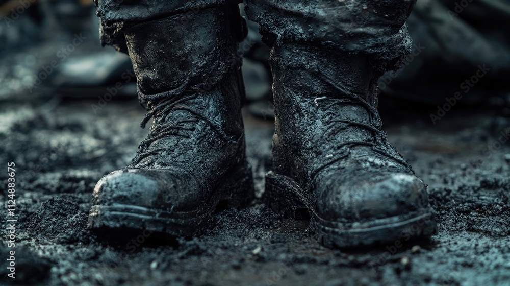Close-up of firefighting gear, including boots and gloves, covered in soot and ash, Close-up of firefighting gear, including boots and gloves, covered in soot and ash,