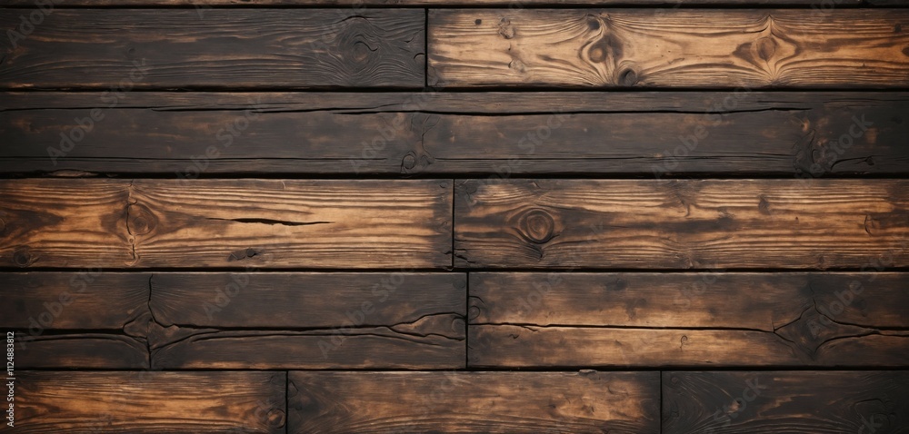 Naklejka premium Worn-out wooden planks with distressed edges and dark stains