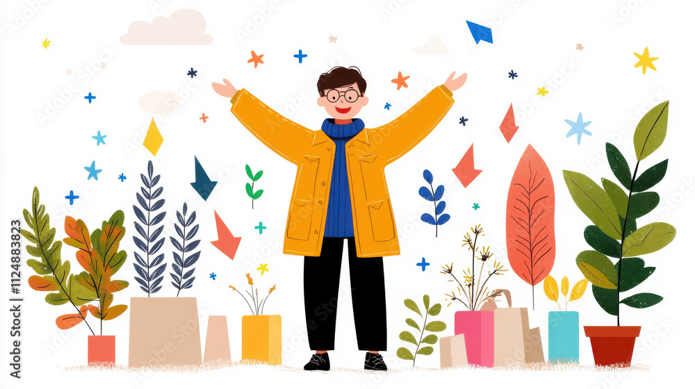 Bright and cheerful illustration of person in yellow coat surrounded by colorful plants and arrows, symbolizing growth and positivity Bright and cheerful illustration of person in yellow coat surrounded by colorful plants and arrows, symbolizing growth and positivity