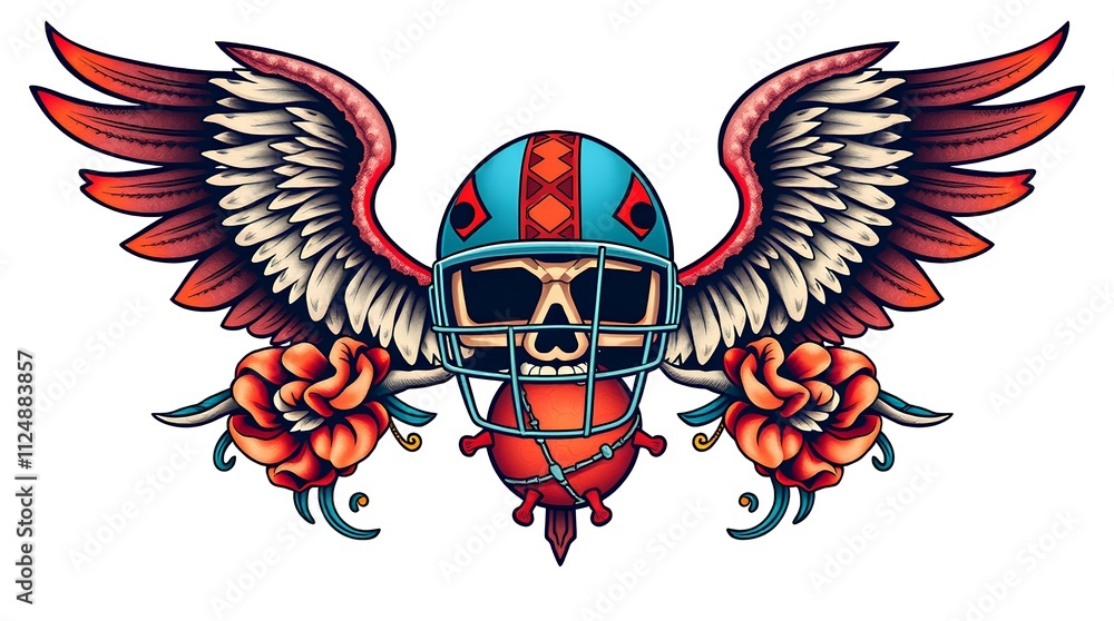Fototapeta premium american football helmet with wings and roses in a bold artistic style