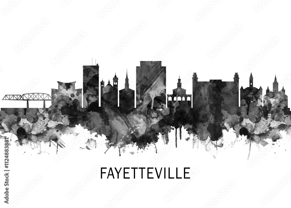 Fayetteville North Carolina Skyline BW, cityscape buildings city skyline architecture illustration abstract modern painting travel poster landscape print urban art