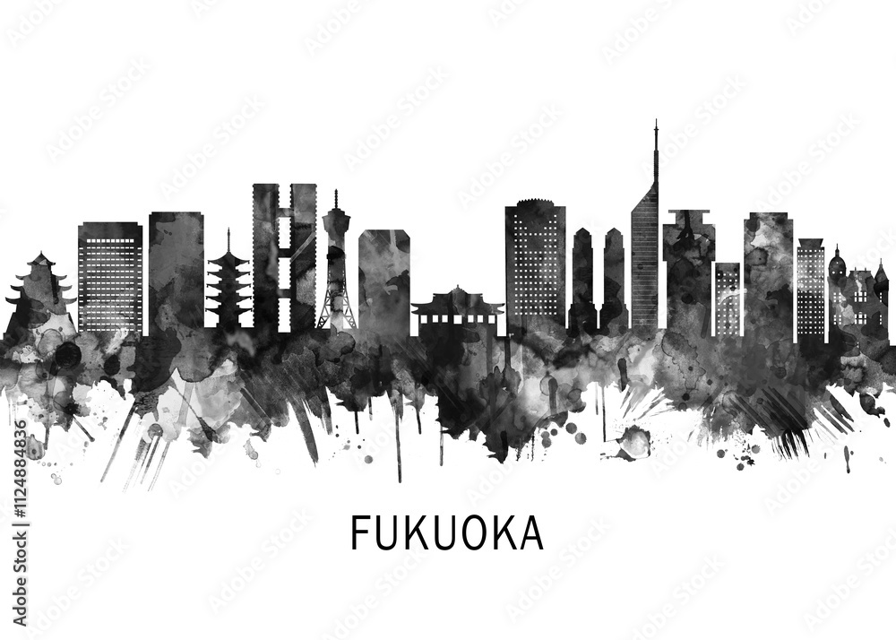 Fototapeta premium Fukuoka Japan Skyline BW, cityscape buildings city skyline architecture illustration abstract modern painting travel poster landscape print urban art