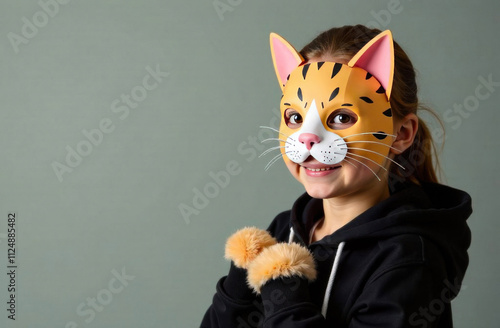 A girl  teenager quadrober wearing a crafty cat mask against a  grey  background. photo