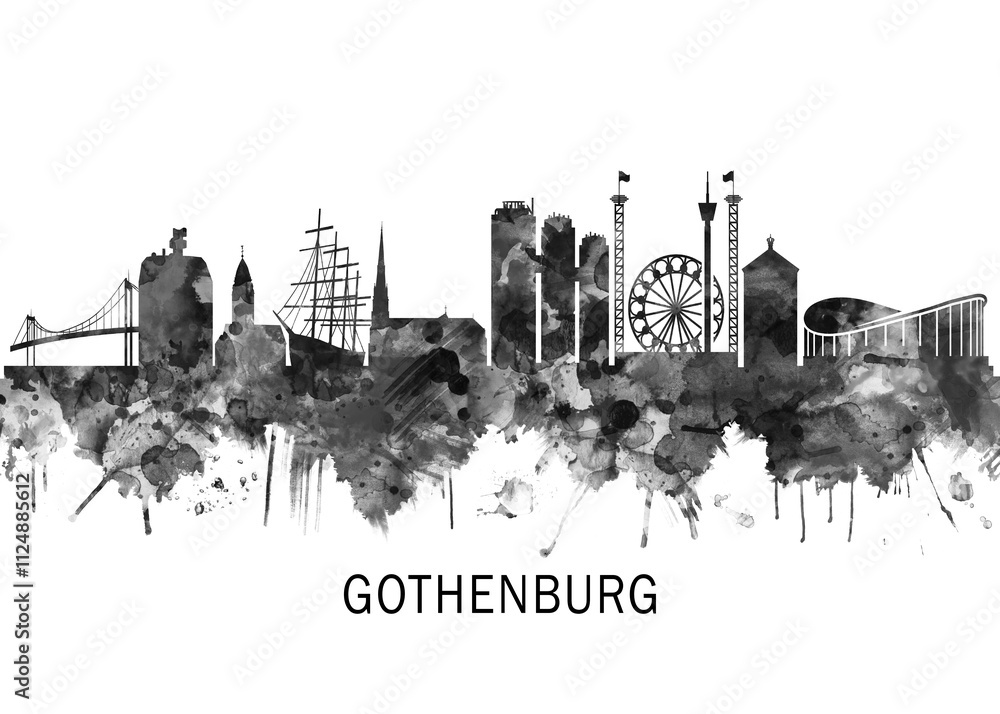 Gothenburg Sweden Skyline BW, cityscape buildings city skyline architecture illustration abstract modern painting travel poster landscape print urban art