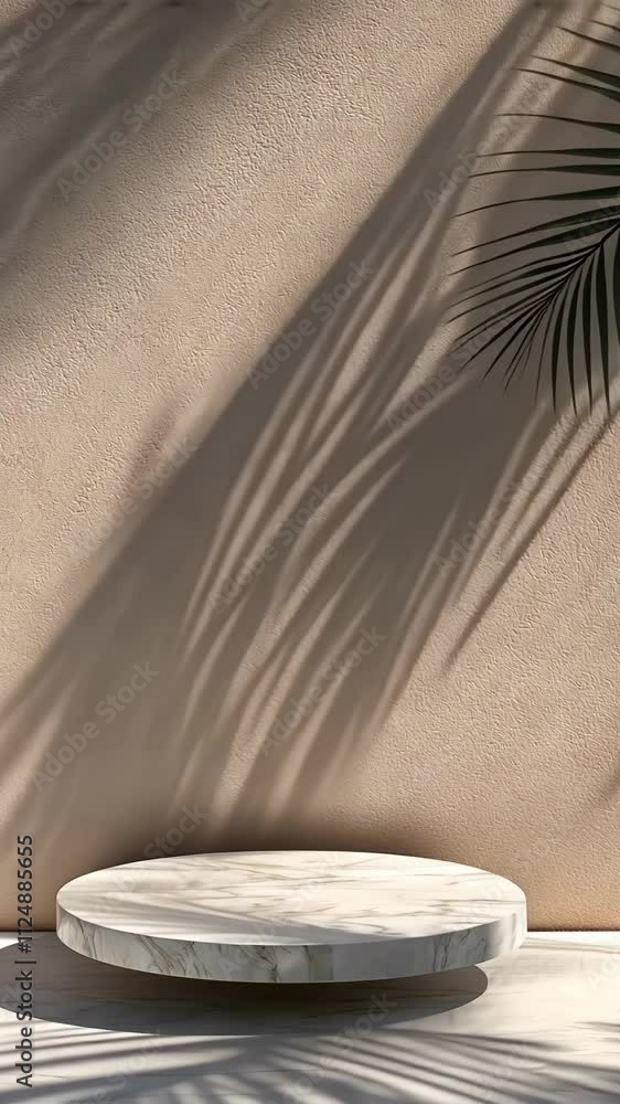 Shadows of palm leaves create an artistic pattern on a textured wall at sunset near a marble table Shadows of palm leaves create an artistic pattern on a textured wall at sunset near a marble table