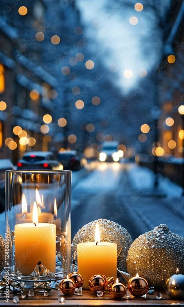 theme for the winter holidays and celebrations: advent candle on the window sill at night,
