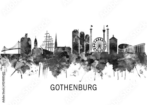 Obraz na płótnie Gothenburg Sweden Skyline BW, cityscape buildings city skyline architecture illustration abstract modern painting travel poster landscape print urban art w salonie