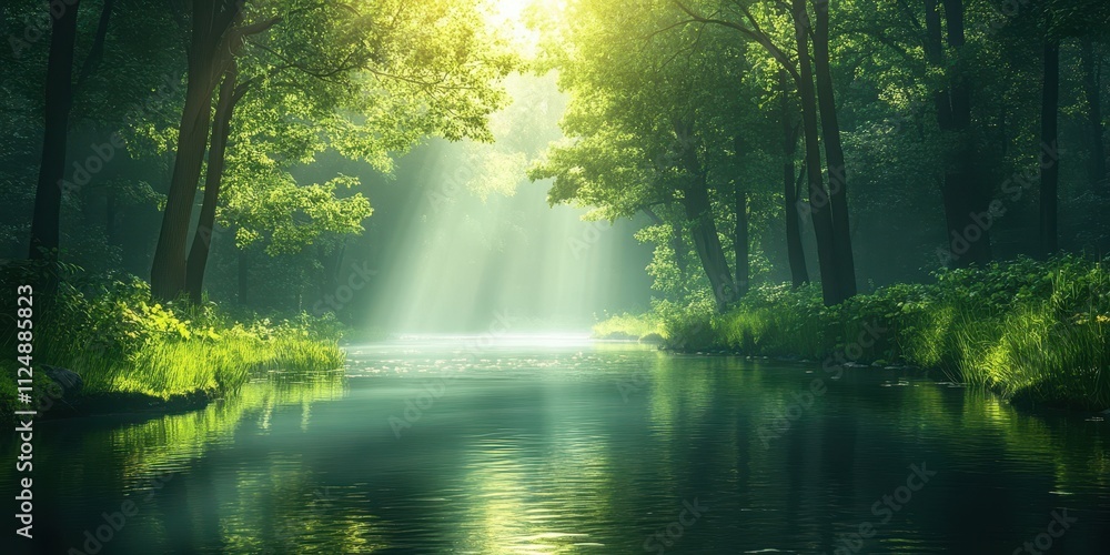 Tranquil Forest Landscape with Winding River, Sunlit Green Canopy for Nature-Themed Marketing Tranquil Forest Landscape with Winding River, Sunlit Green Canopy for Nature-Themed Marketing