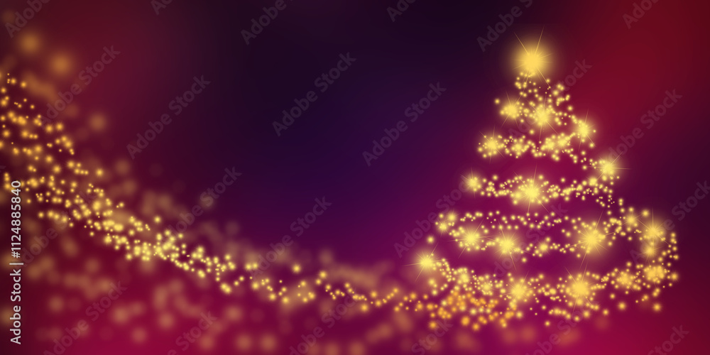 Fototapeta premium Background Golden Twilight Christmas Tree.Magical Holiday Glow. Starlit Christmas Night. Dreamy Festive Lights. Radiant Christmas in Purple Sky. Golden Sparkles of Christmas Night